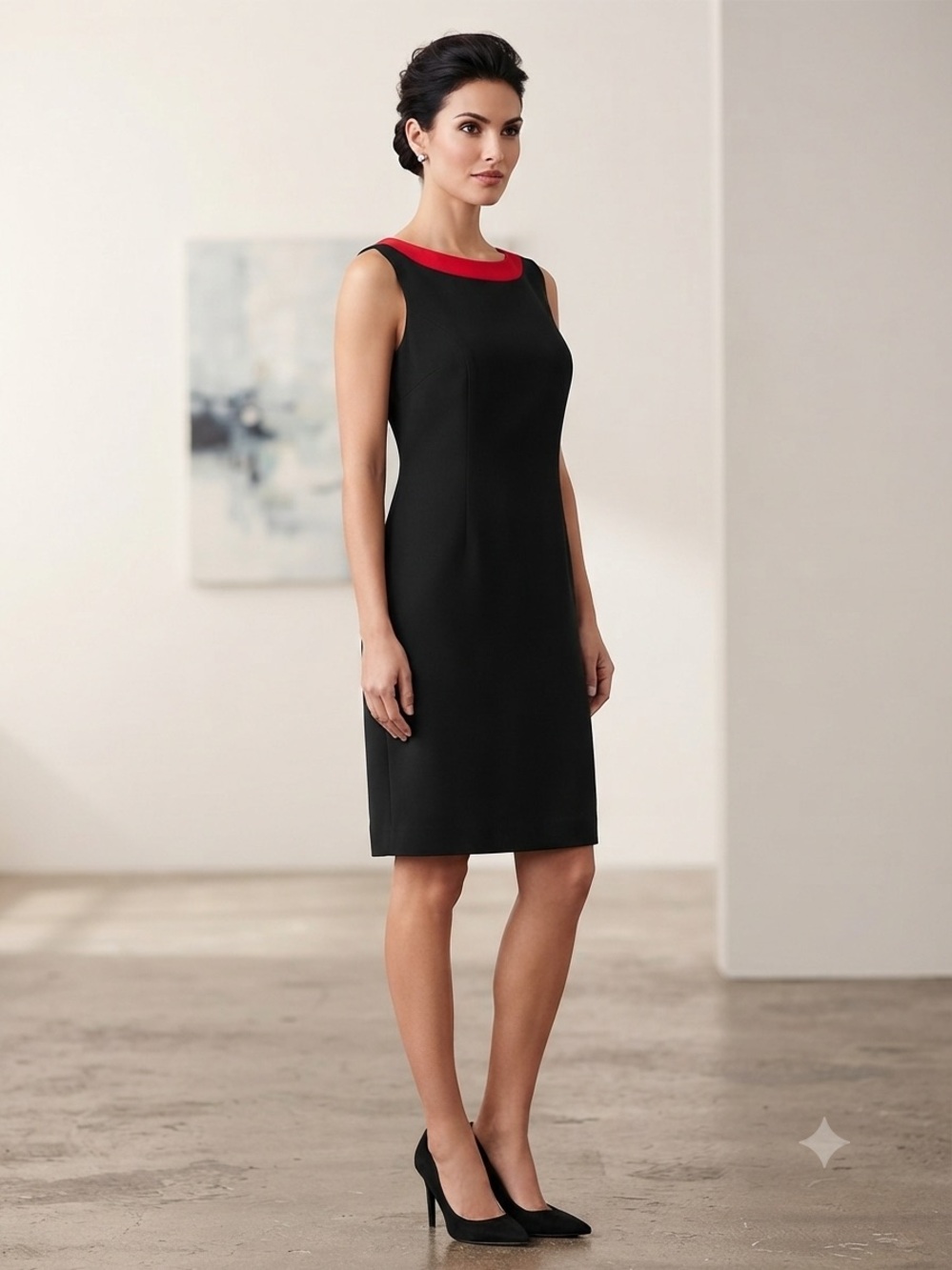 Sleeveless Black Mini Dress with Red Trim